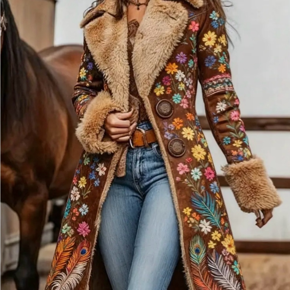 Boho Embroidered Teddy-Lined Long Coat - Brown